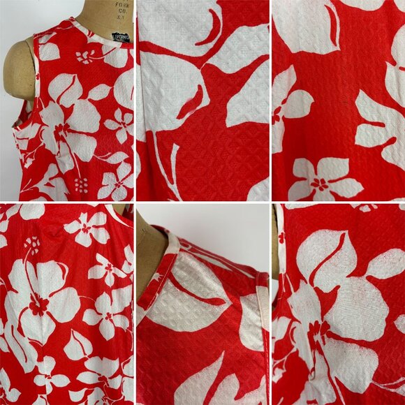 Vintage 70s Hawaiian Dress Womens Large Red Hibiscus Print Textured Shift Tiki - Picture 10 of 10